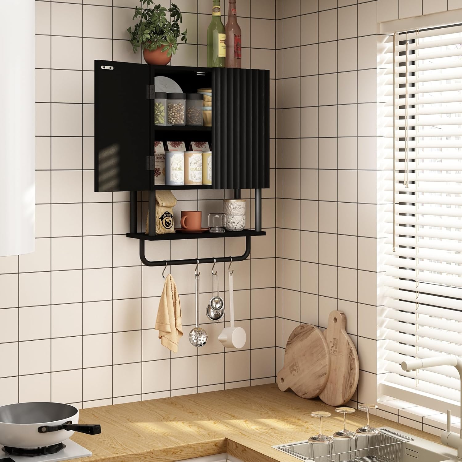 RUSTOWN Fluted Bathroom Wall Cabinet with 2 Doors, 3-Tier Modern Farmhouse Medicine Cabinet, Over The Toilet Storage Cabinet with Adjustable Shelf and Towel Bar(Black, Small)