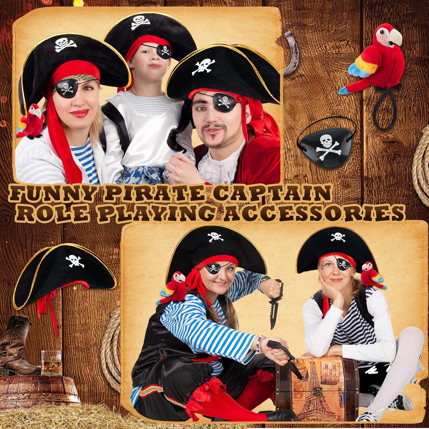 HyDren 6 Pcs Pirate Costume Accessory Sets Skull Print Captain Hat and Stuffed Parrot on Shoulder for Woman Men Kids Adults Halloween School Shows and Theater Performance Cosplay Dress up Props