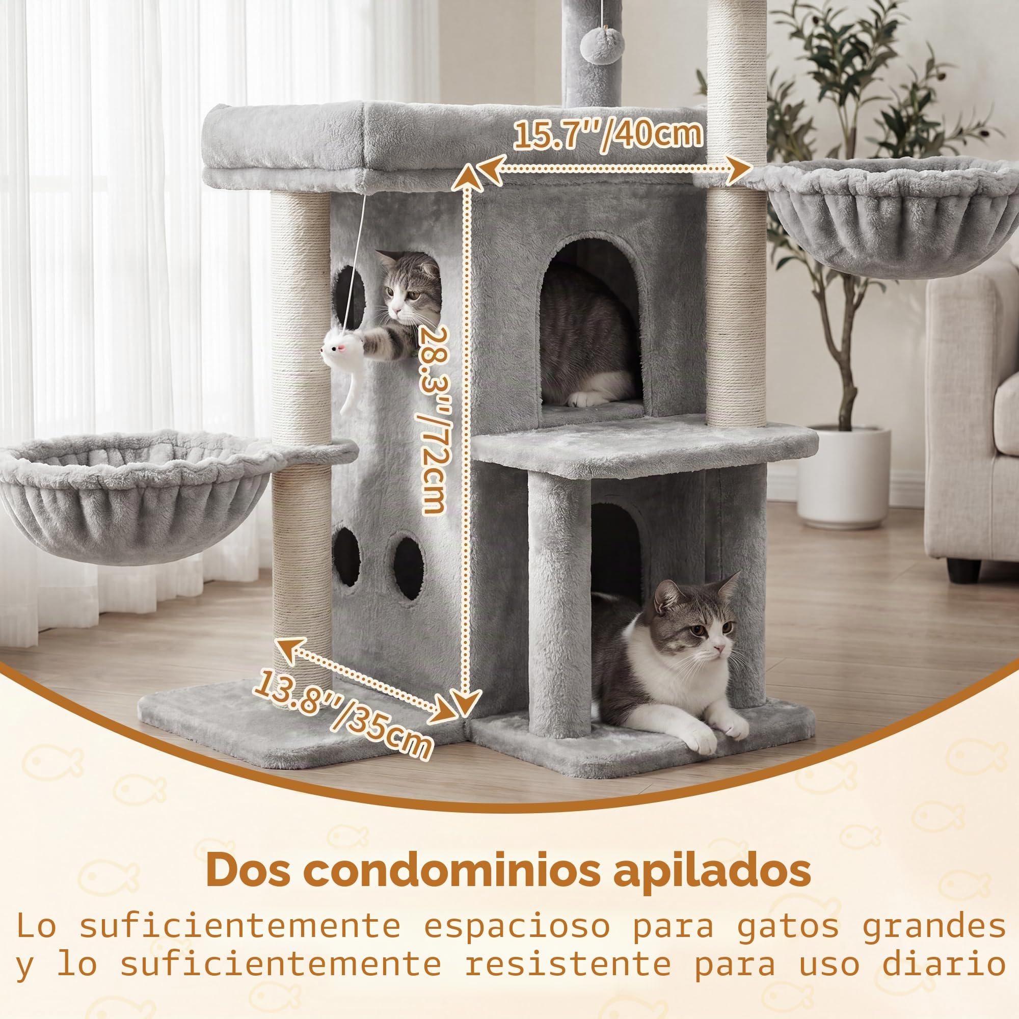 Heybly Árbol para Gatos 105 cm con 2 Plataformas y 2 Cestas Gris Claro | multinivel torre,2 plataformas,cueva doble,2 cestas,felpa suave,postes de sisal,para interiores y varios gatos HCT075W