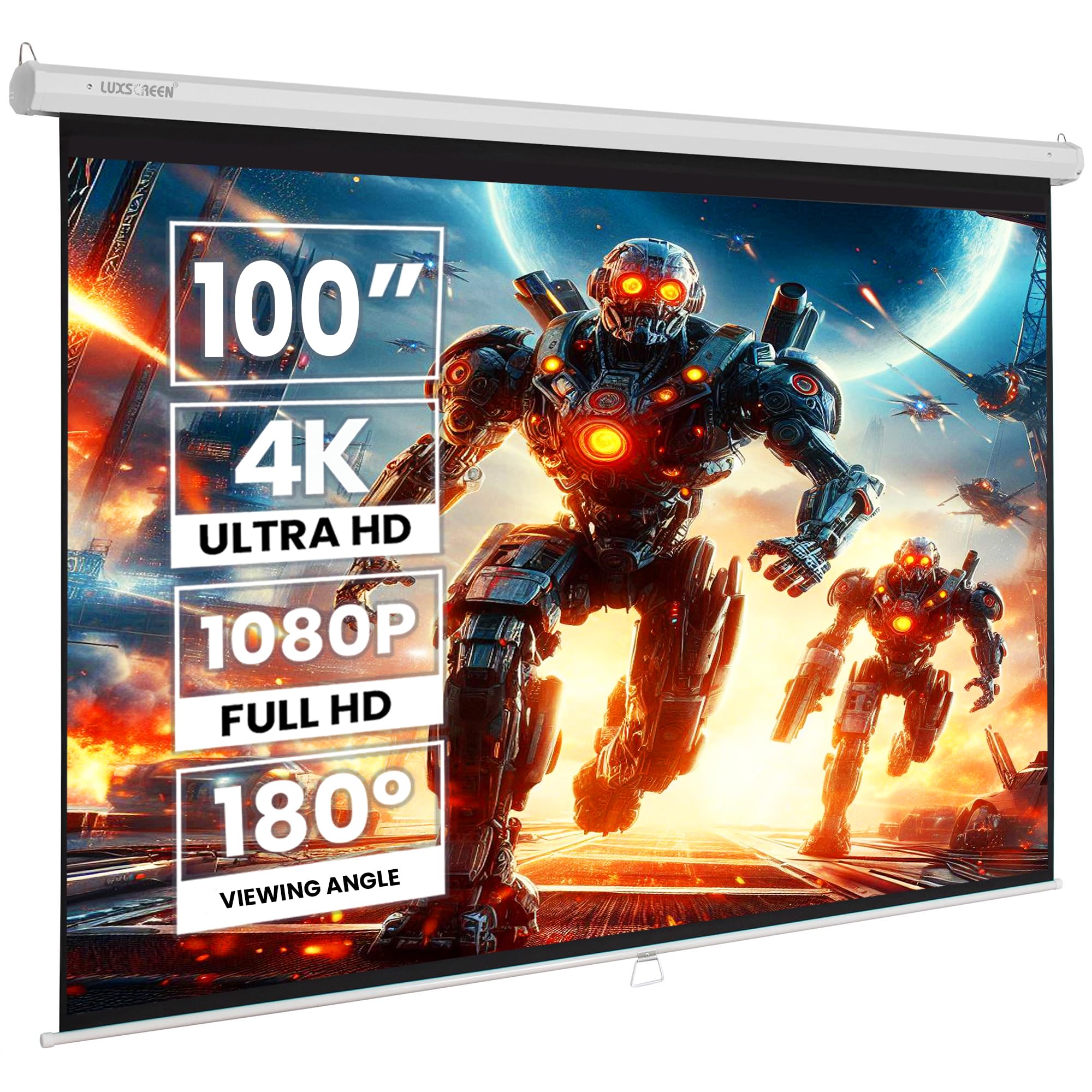 Pantalla de Proyector Manual 100 Pulgadas 16:9 Pro Luxscreen, Área Visible Blanca 220 x 124cm, Requiere un Espacio de instalación de 236cm, Instalación a Pared ó Techo