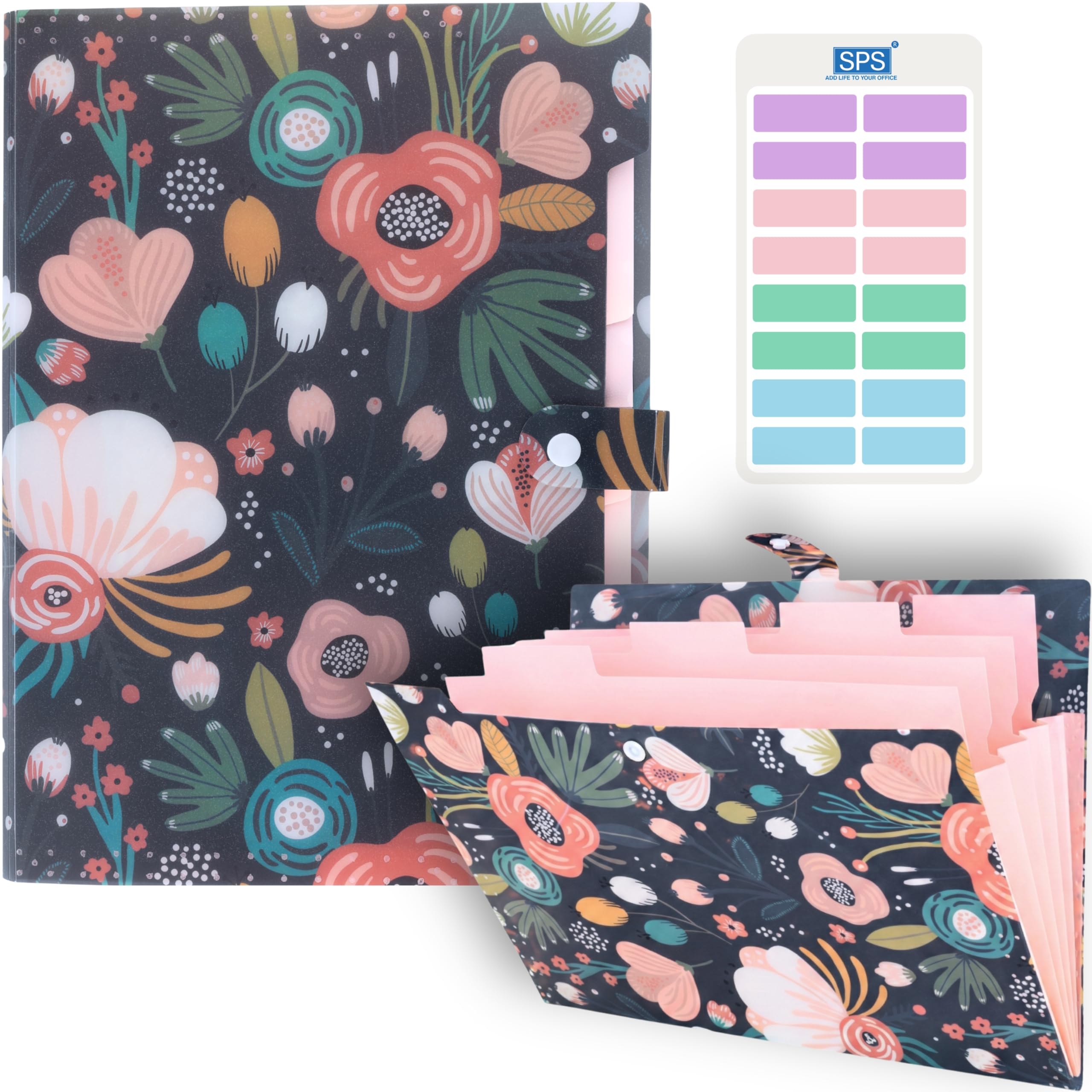 SPS 5 Pocket Expanding File Folder Aesthetic Design - Fits A4 & Letter Size Document Organizer, Accordion File Folders, File for Office, Portable File Organizer, School & Home - Midnight Black Floral-image-16