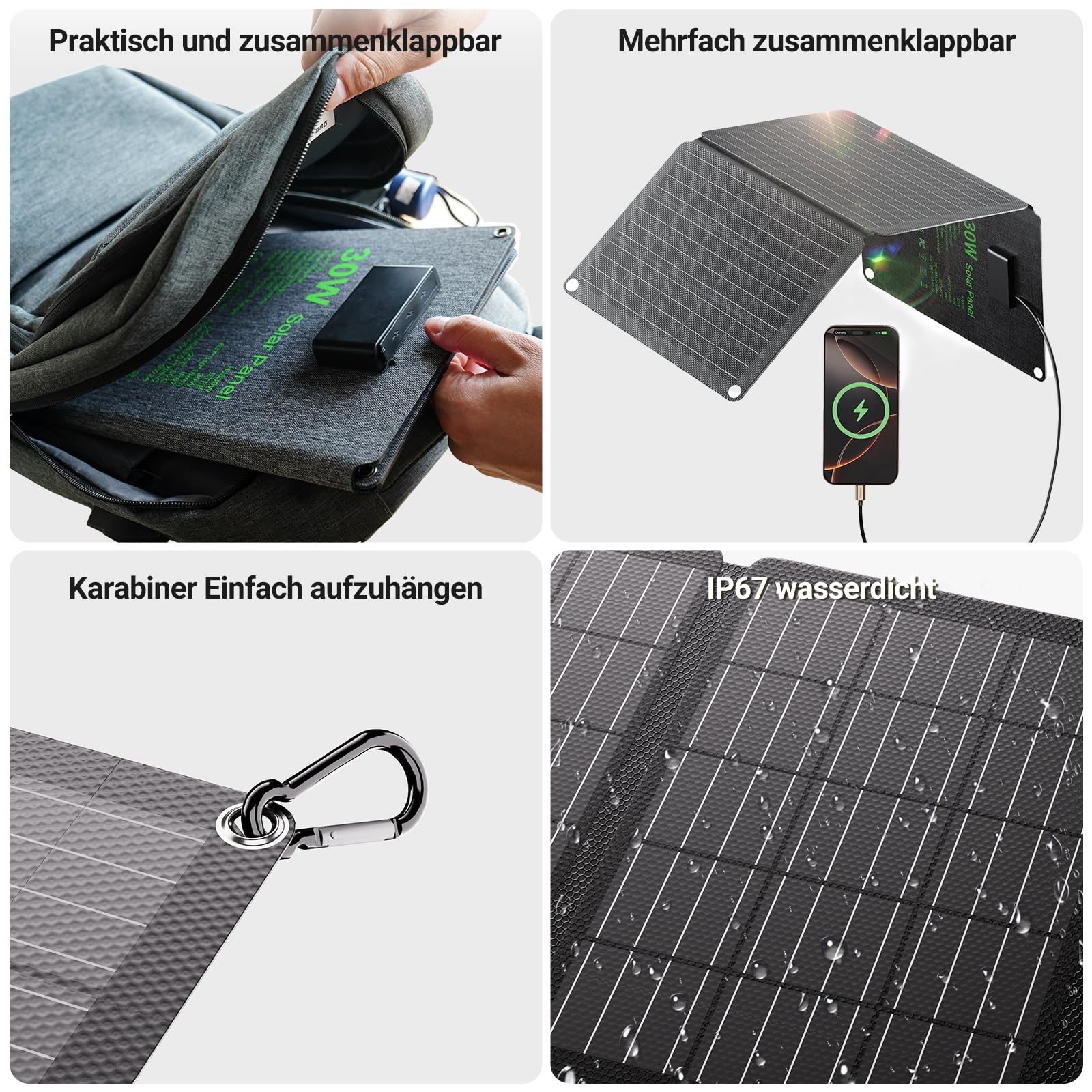 30W Solarpanel Faltbar, Tragbares Outdoor Solar Ladegerät IP67 Wasserdichtes mit 3 Anschlüsse (USB-C+USB-A+DC) für Outdoor Camping, Smartphone, Mobile Powerbank