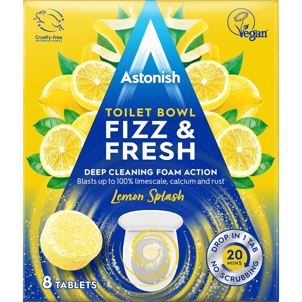 Astonish Foaming Lemon Splash Fizz & Fresh Bathroom Toilet Bowl Cleaner - Deep Cleaning Limescale, Calcium & Rust Stain Remover- No Spray Bottle Needed, Removes Hard to Reach Stains, 8 Tablets