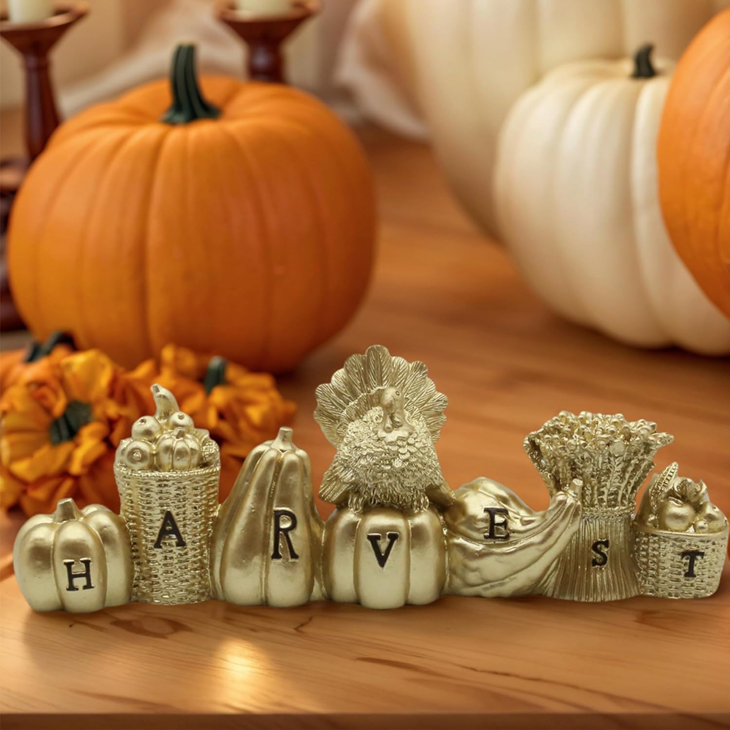 thanksgiving pumpkin turkey tabletop centerpiece decor, resin gold turkeys figurines, thanksgiving decoration, fall harvest tabletop, indoor home decor gold-harvest 8.27’’lx1.77’’wx2.96”h