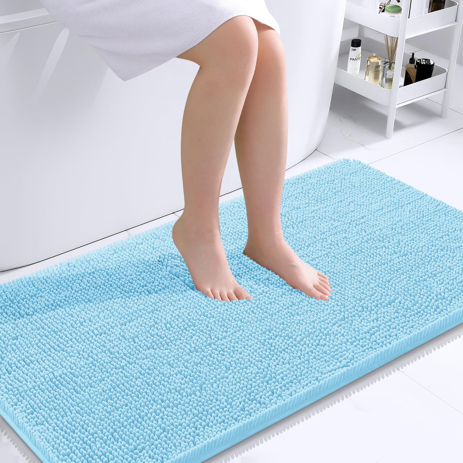 OLANLY Bathroom Runner Rugs 40x24, Extra Soft Absorbent Chenille Bath Rugs | Sky Blue, Quick-Drying Rubber Backing, Washable Long Bath Mat for Bathroom Floor, Tub and Shower, Home Decor Accessories