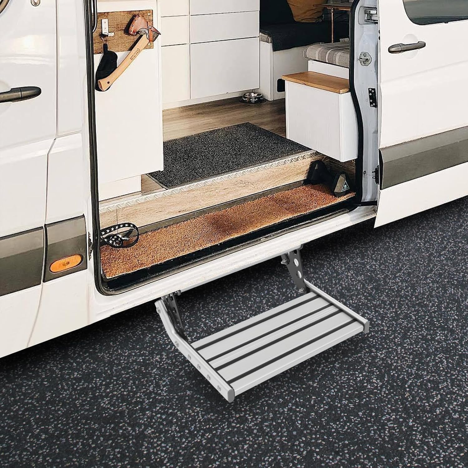 Folding RV Step, RV Manual Single Step with Led Light Solid Step RV Entrance Stairs Folding Aluminum Alloy Foldable Manual RV Steps Single Drop Down Step for Camper Caravans 330lbs Load Capacity