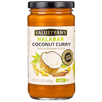 Kalustyans Coconut Curry Indian Simmer Sauce, Chef-Created Recipe from NYCs Acclaimed Spice Shop, Indian Food Made Easy - Creamy, Tangy Indian Sauce for Seafood, Vegetables or Tofu, 12oz