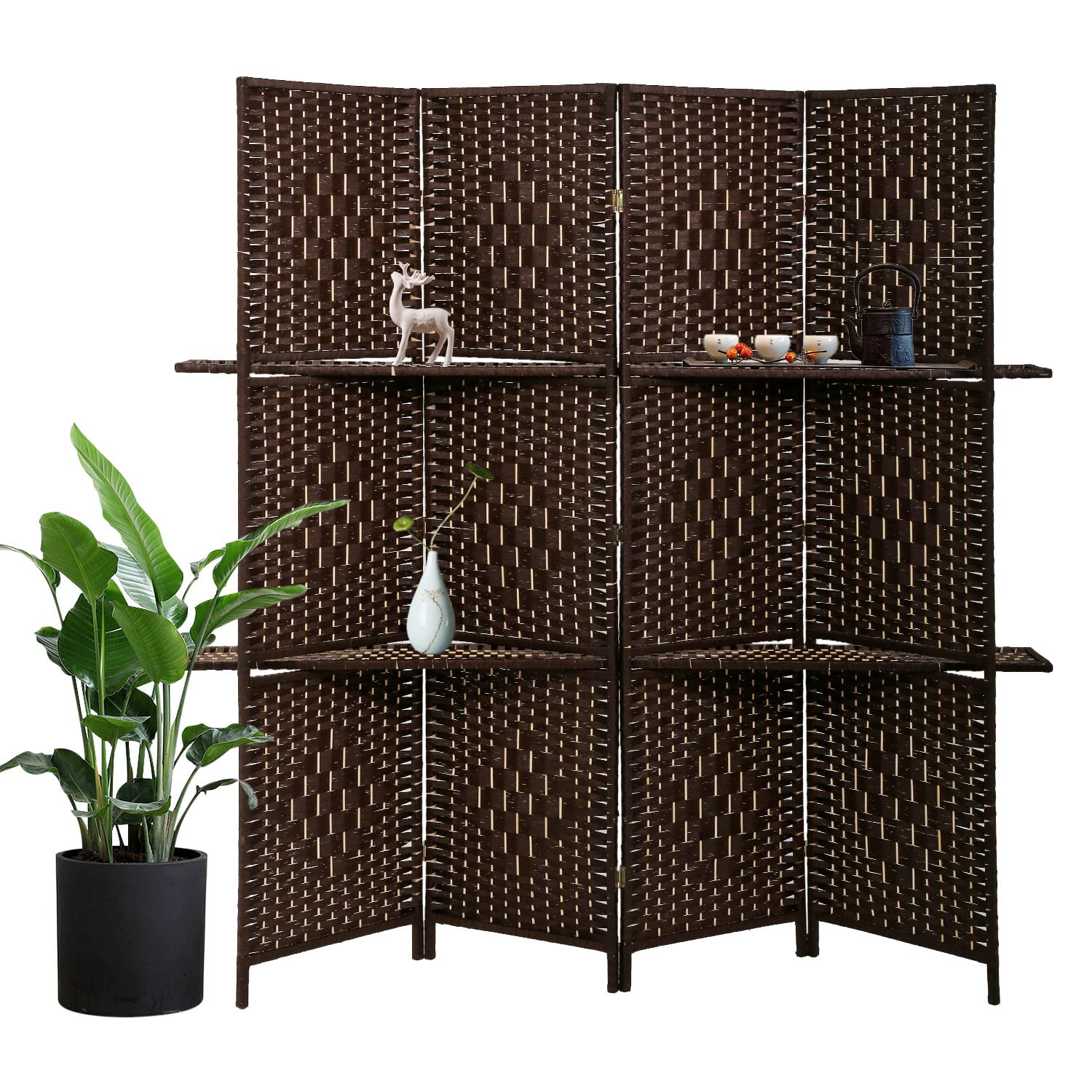room divider, 4 panel room dividers and folding privacy screens,room dividers with 2 removable storage shelves, portable room divider, screen room dividers for bedroom or home office, brown