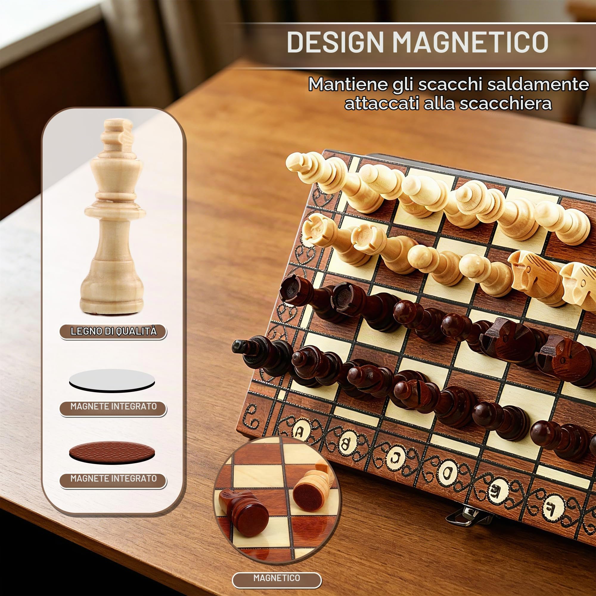 Scacchiera in legno, 3 in 1 Scacchiera Professionale, 29 cm x 29 cm, Scacchiera Portatile e Pieghevoli, Gioco da Tavola di Qualità Adatto a Raduni di Bambini Adulti, Attività Familiari