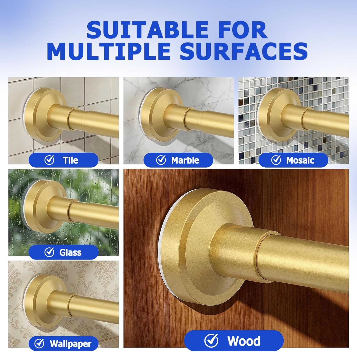Bonpally Shower Curtain Rod, Adjustable 32-75 Inches Spring Tension Rod, Non-Slip No Drilling Stainless Steel Shower Rods for Bathroom Window Room Divider, Never Rust, Gold