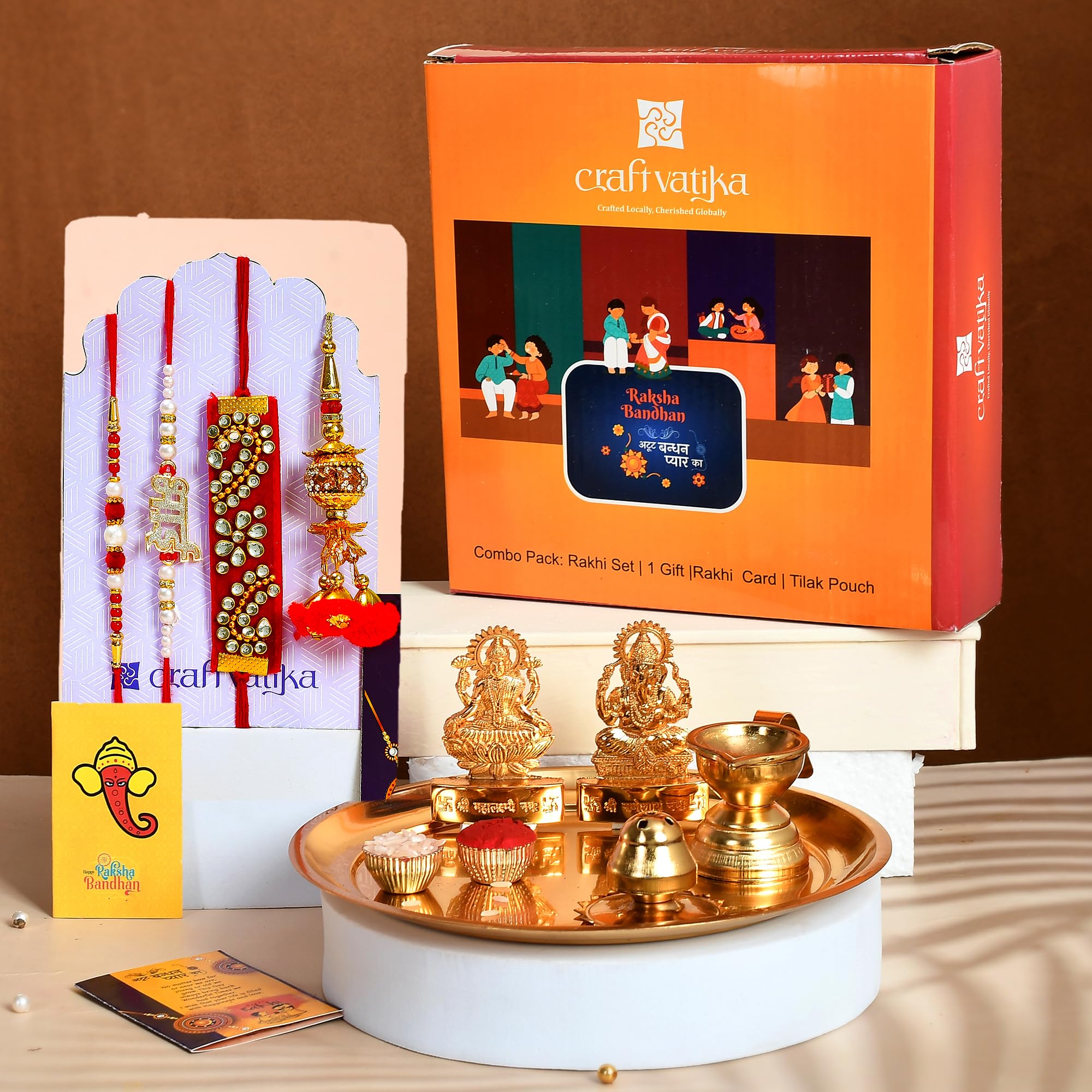 Rakhi for Brother with Pooja Thali Gift Combo - Rakhi Gift for Brother Bhabhi - Rakshabandhan Gifts for Bhaiya Bhabhi - Gold Plated Laxmi Ganesh Pooja thali Set/Bhai Rakhi/Lumba Rakhi/Wishes Card