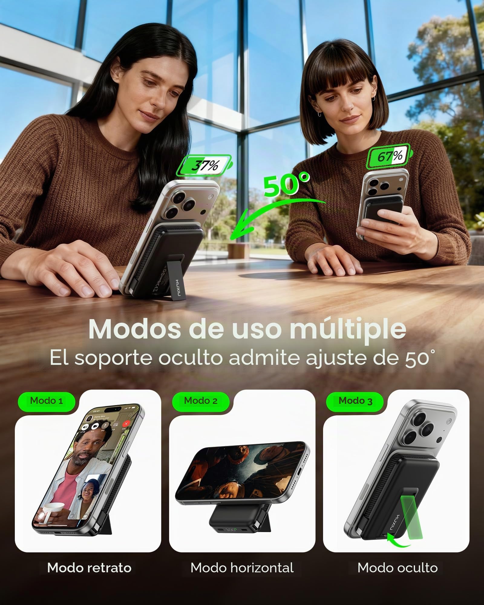 KU XIU 25W Qi2.2-Certificado Estado-Sólido Bateria Externa Carga Rapida para MagSafe, 10 000 mAh Power Bank Magnetico con Cable y Soporte Integrado, Bateria Portatil para iPhone 17/16/15/14/13 Series | 25W inalámbrico, PD 35W carga rápida, cable USB-C int
