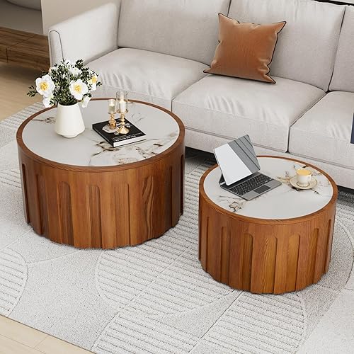 Miniatura 10 de Juego de 2 mesas auxiliares redondas estriadas con diseño en relieve, mesa auxiliar moderna de mediados de siglo, mesa auxiliar circular minimalista