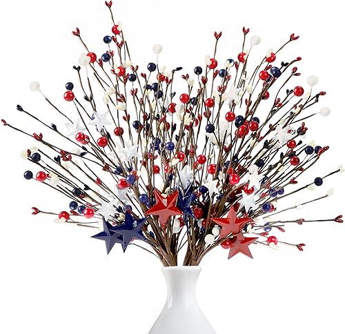 Sggvecsy Paquete de 6 púas de tallo de bayas artificiales de 15.7 pulgadas, tallos patrióticos de bayas rojas, blancas y azules, estrellas florales