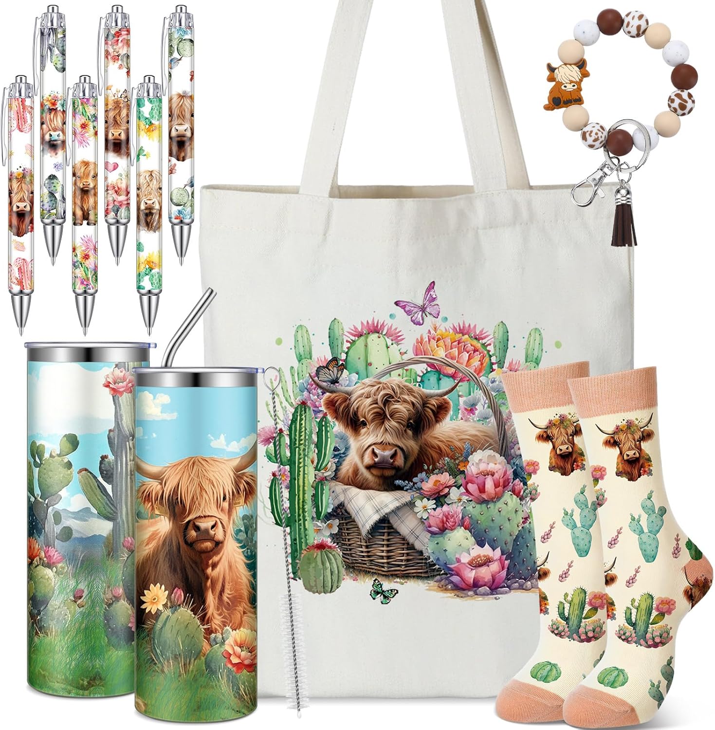 Skylety 5 Pcs Highland Cow Gifts Set for Women 20 oz Tumbler Floral Canvas Bag Pen Socks Silicone Keychain for Mom Sister Cow Lover Cute Christmas Birthday Gifts(Cactus)