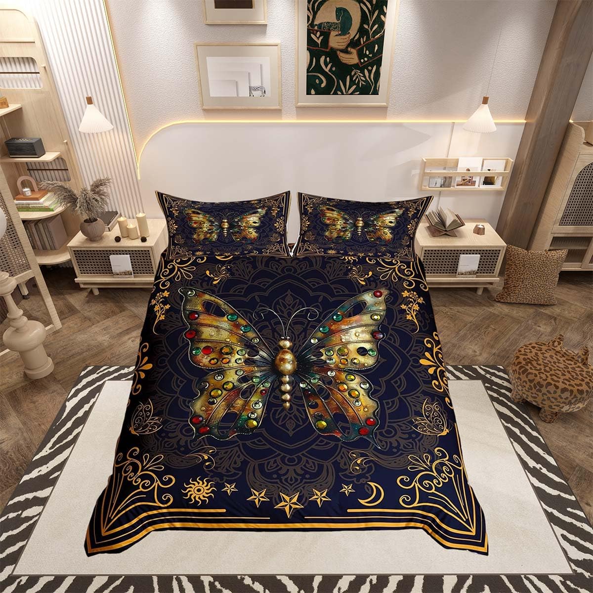 Homemissing Boho Butterfly Duvet Cover Set Super King Size For Kids Boys Girls Adults Vintage Death Moth Bedding Set Bohemian Exotic Style Duvet Cover with 2 Pillowcases