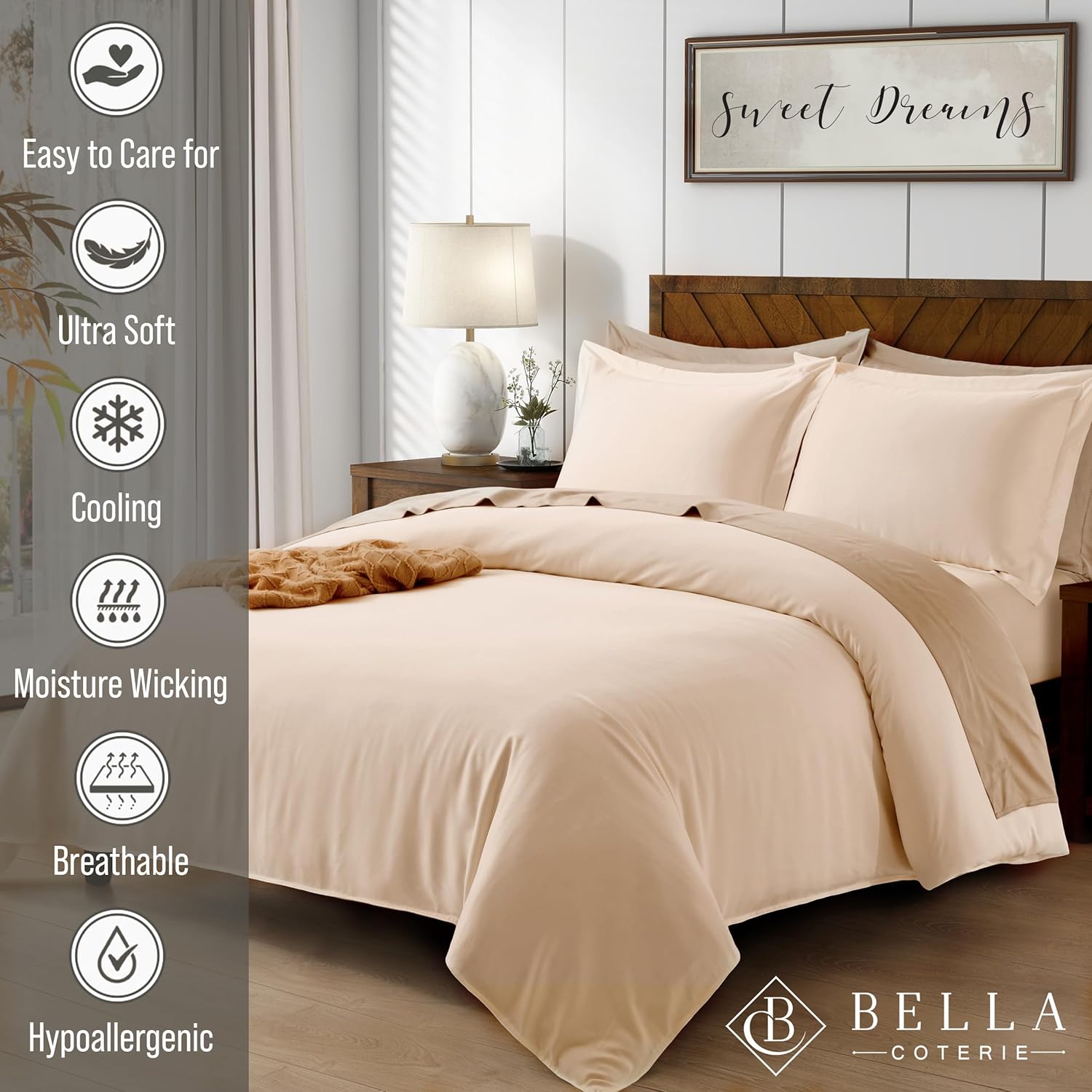 Bella Coterie Luxury Bamboo Viscose King Size Duvet Cover Set | 100% Organically Grown | Corner Ties | Ultra Soft | Cooling | Two Pillow Shams | 106 x 94 | No Insert [Champagne] - Image 2