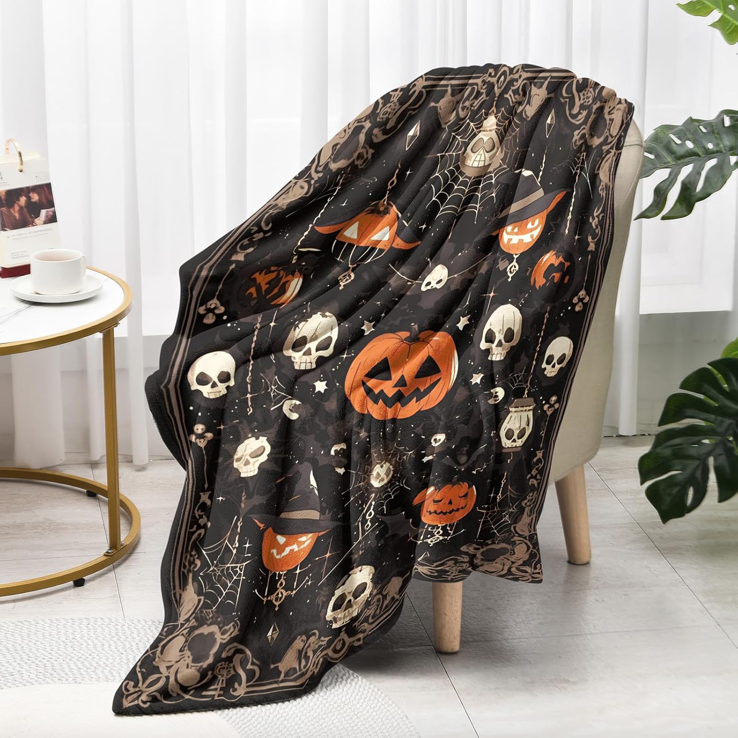 50"x40" Vintage Halloween Throw Blanket,Witch Spider Webs Bat Pumpkin Skull Gothic Blanket, Festival All Seasons Warm Cozy for Sofa Chairs Bed Office Home Women GIrls Gift (Halloween Blanket 1)