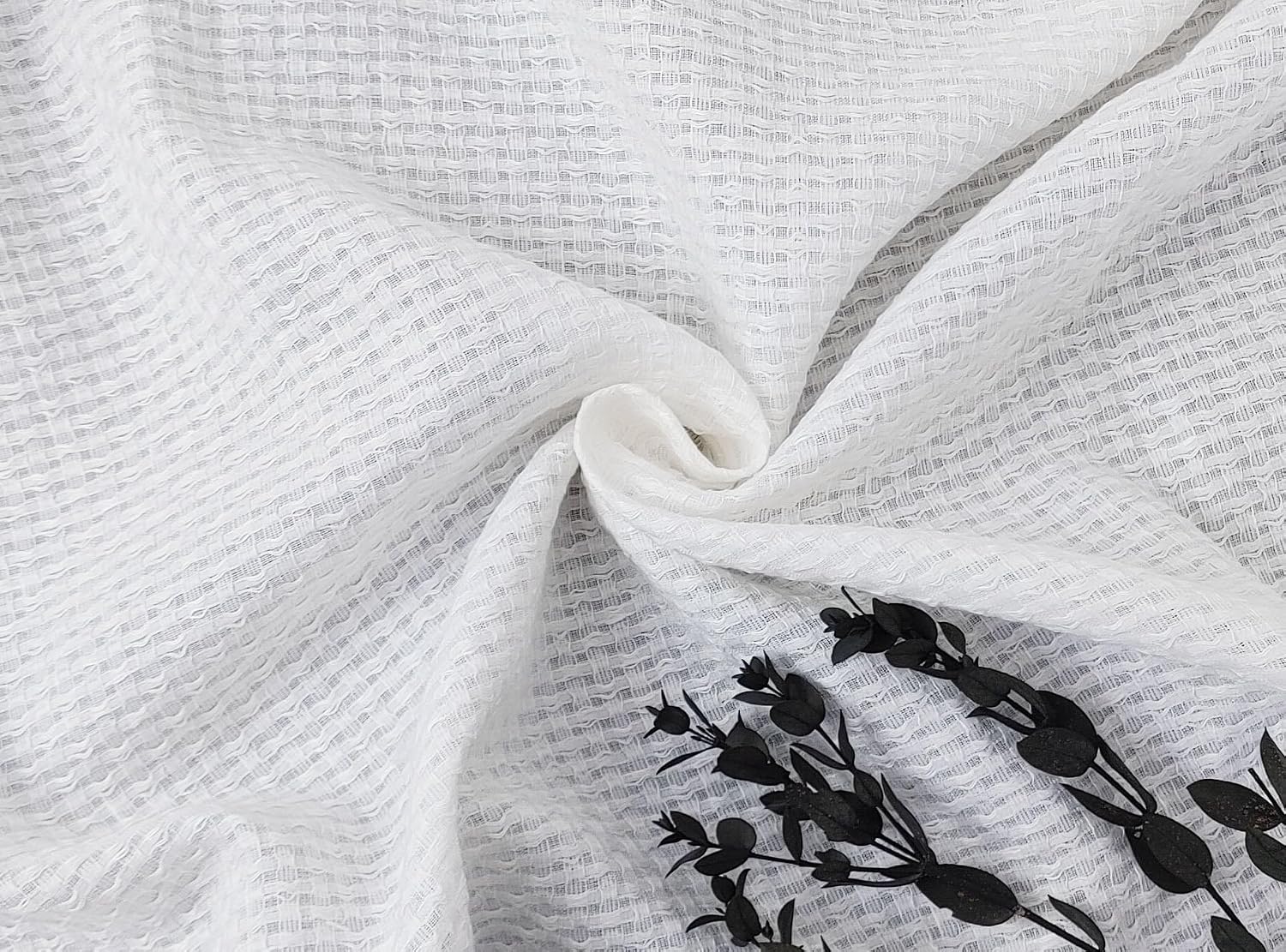 White Linen Cotton Dobby with Uneven Weave and Check Pattern 4899 White