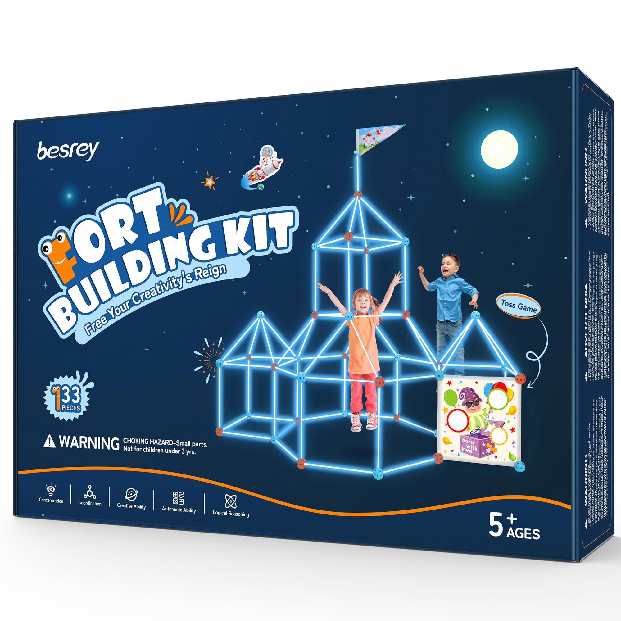 besrey Kids Fort Building Kit Den Building Kit 133 Pcs with Toss Game - Creative Fort Glow in Dark, Outdoor Play Playground Equipment, DIY Construction STEM Toys for Kids Game