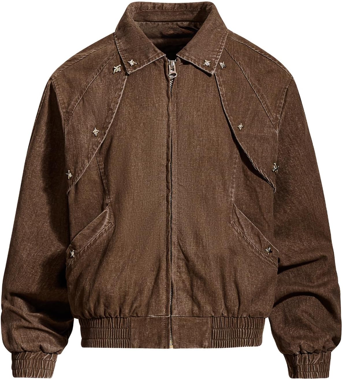 Bakyarder Unisex Vintage Deconstructed Workwear Jacket Collared Bomber Coat with Metal Rivet Details