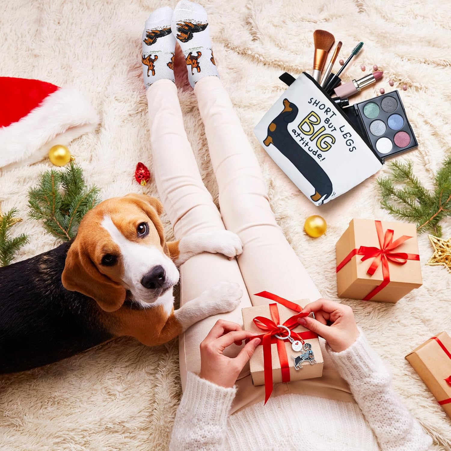 7 Pcs Christmas Dachshund Gift Sets for Women Include Weiner Dog Keychain Cosmetic Bag Socks Mug Tote Bag Cards with Gift Box for Christmas Dachshund Lovers Gifts - Image 5