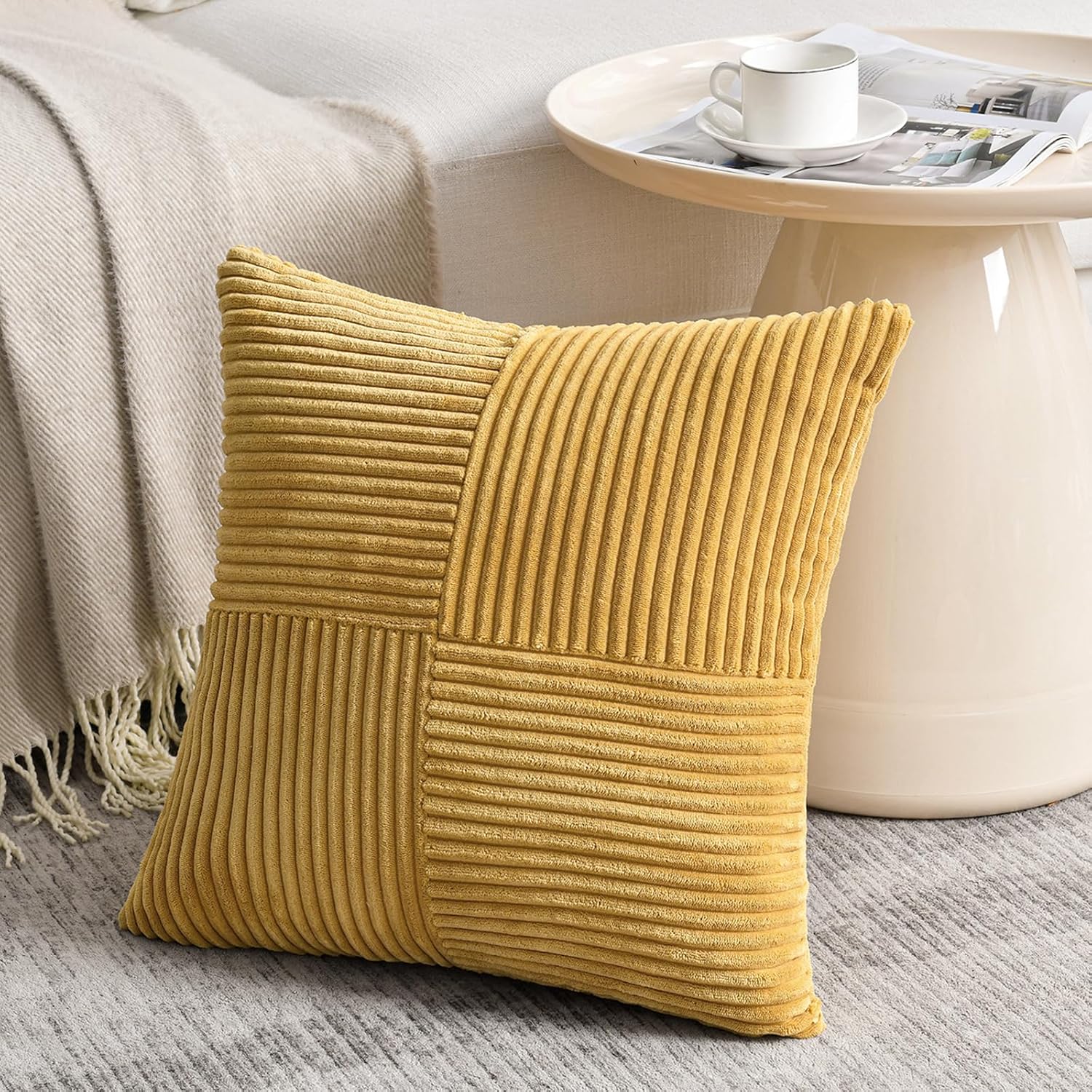 Fancy Homi 2 Packs Mustard Yellow Euro Decorative Throw Pillow Covers 26x26 Inch for Living Room Couch Bed, Farmhouse Boho Home Decor, Soft Corss Corduroy Patchwork Square Cushion Case 66x66 cm - Image 2