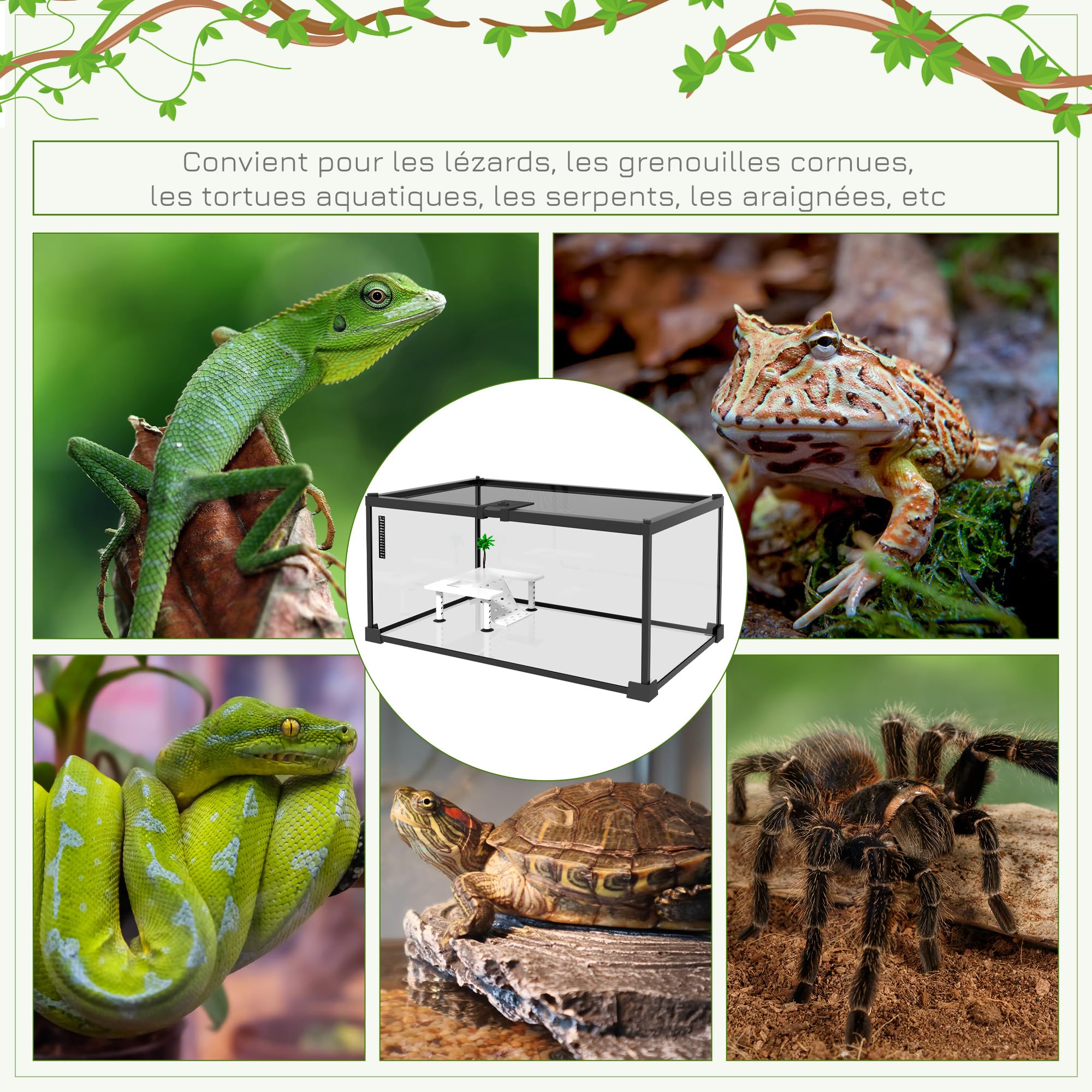 PawHut Boîte à Reptiles Terrarium Habitat Transparent 50x30x25 cm Blanc avec Couvercle Coulissant Treillis métallique