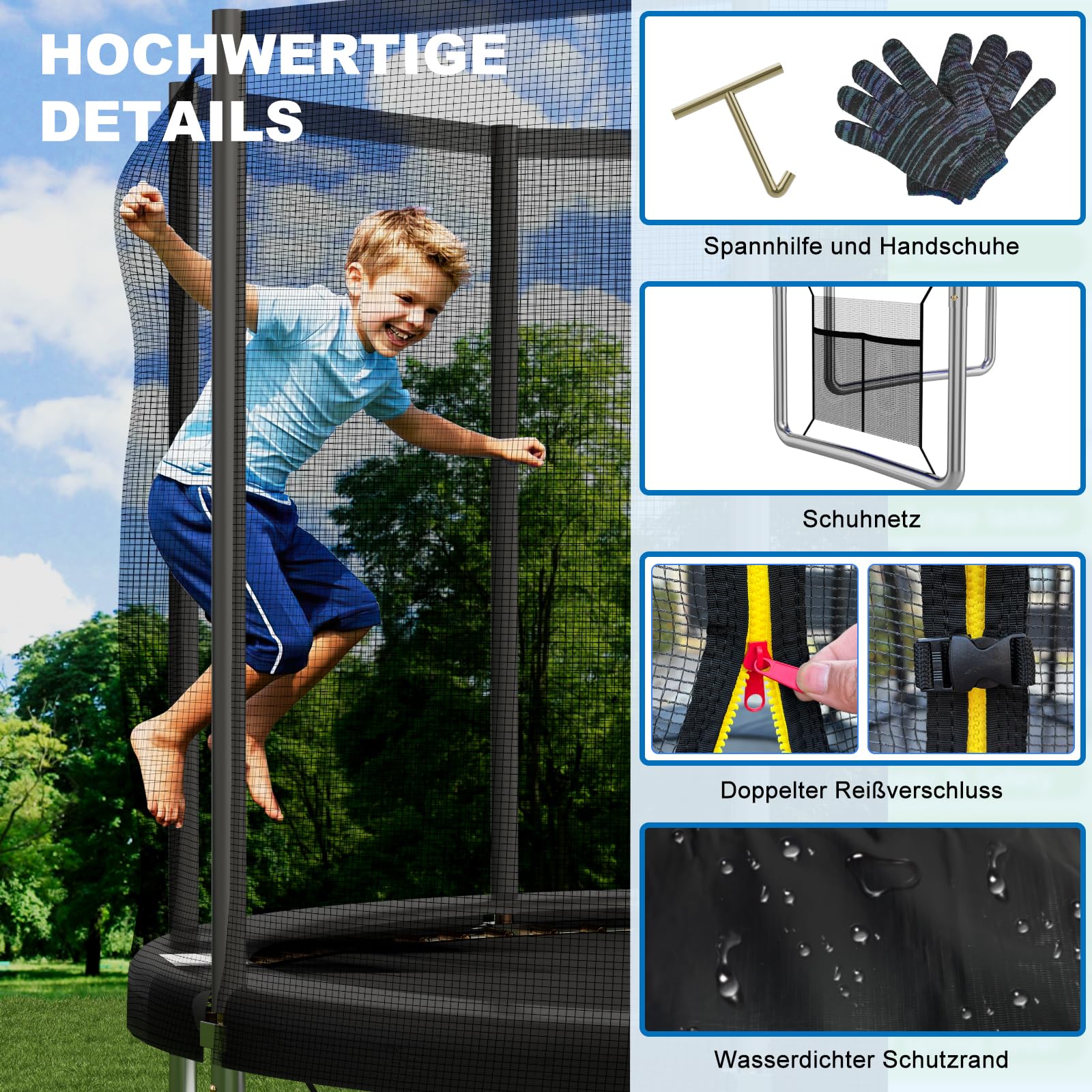 Devoko Trampolin Outdoor Ø 183/228/305/366/427 cm, GS-Zertifikat Indoor Trampolin Kinder Gartentrampoline, Komplettset mit Schuhnetz, Leiter, Randabdeckung, Sicherheitsnetz