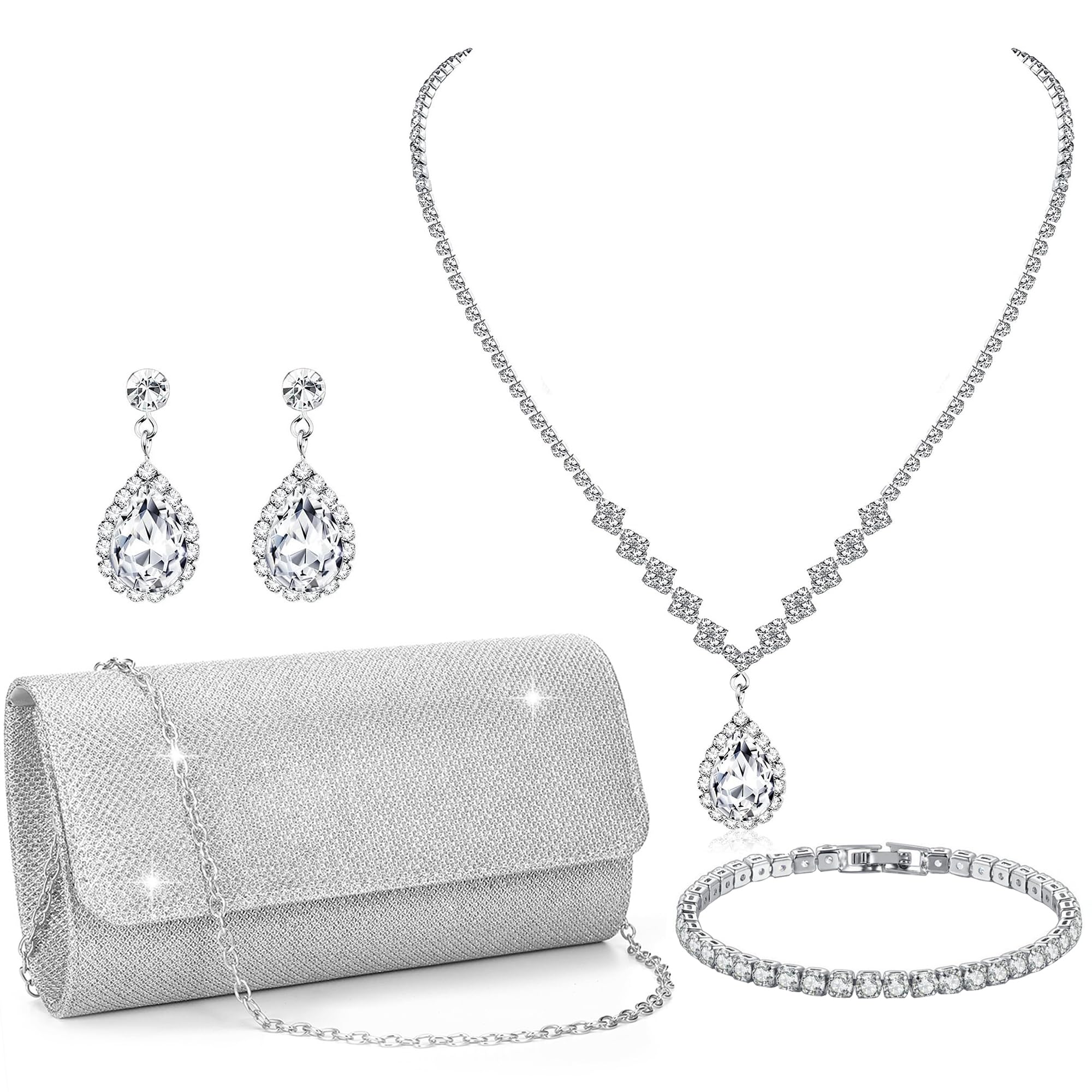 RIOSO 4Pcs Jewelry Set for Women Evening Rhinestone Sparkly Clutch Purse Bag Necklace Earrings Bracelet Formal Prom Costume Sets for Women Bride