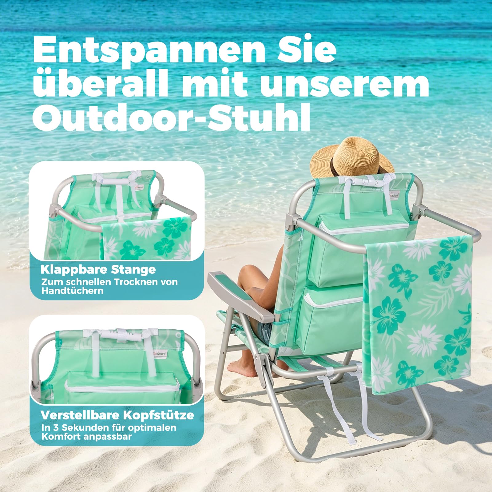 Homecall Join Nature Chaise de plage pliante légère avec dossier réglable à 5 niveaux - Pliable jusqu'à 150 kg - Pour la plage, l'extérieur (basse, océan menthe, 1 pièce)