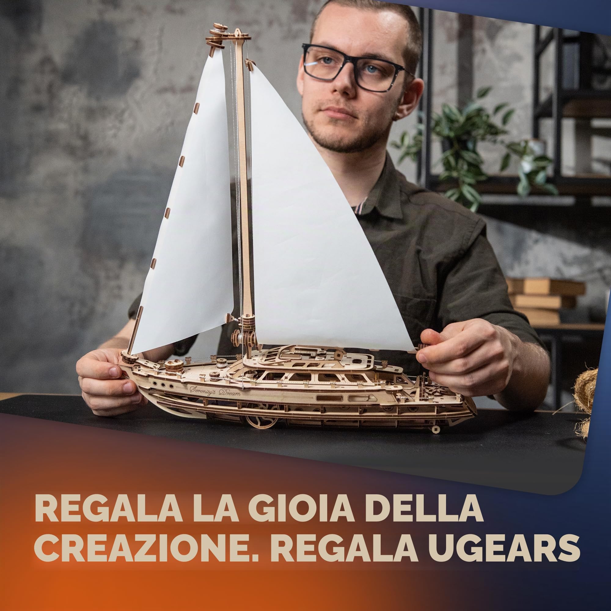 UGEARS Serenity's Dream - Puzzle 3D in legno per adulti in movimento meccanico a vela per adulti, modellismo yacht, kit fai da te per Natale