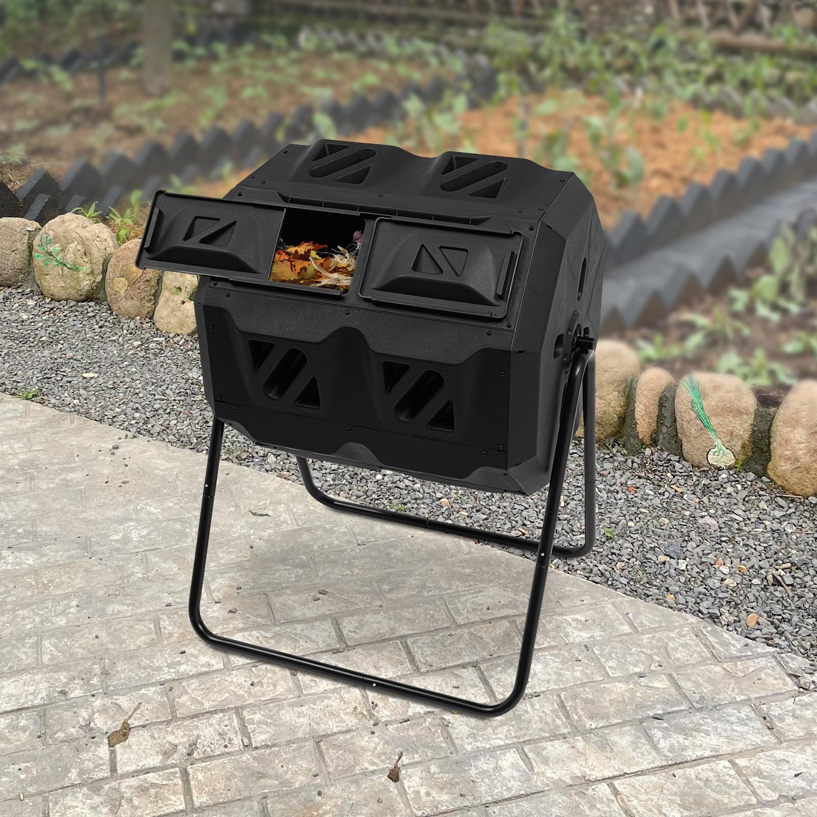 Compostador giratorio de doble cámara de 160 l, compostador de jardín con dos cámaras, color negro para compostaje de jardín