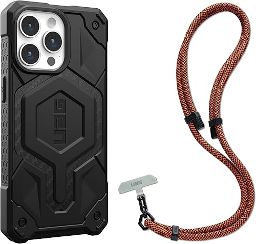 URBAN ARMOR GEAR UAG - Funda diseñada para iPhone 15 Pro Max Monarch Pro de fibra de carbono de 6.7 pulgadas, paquete con cordón cruzado UAG para