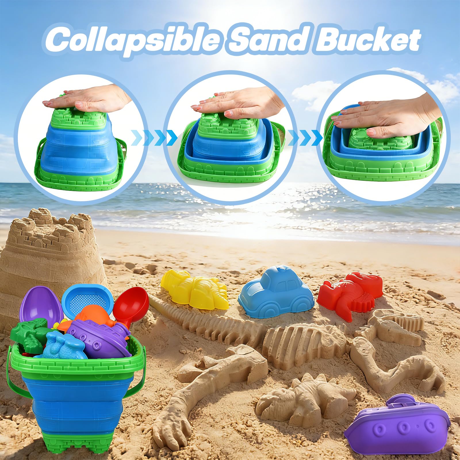 Beach Toys, Sandbox Toys 22Pcs Kids Sand Play Set, Dinosaur Molds with Shovels, Rakes & Collapsible Buckets, Soft Plastic Summer Outdoor Travel Toys for Toddlers Boys & Girls, Ideal - 4