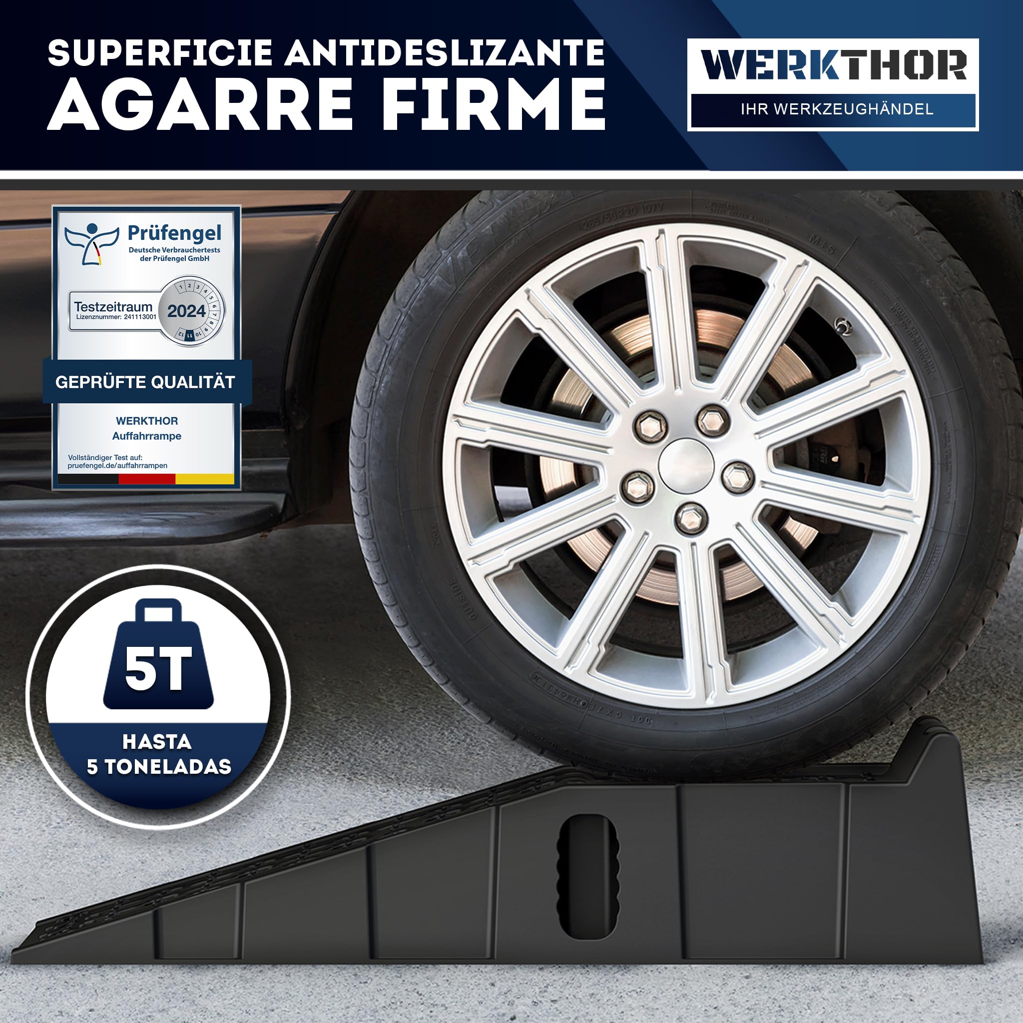 WERKTHOR Coche Rampa Drive-on - [Juego de 2] Rampas Drive-on para Máximo Agarre [<5t] - Coche Rampa Resistente para Cualquier Superficie - Rampas para Coches 2 Piezas
