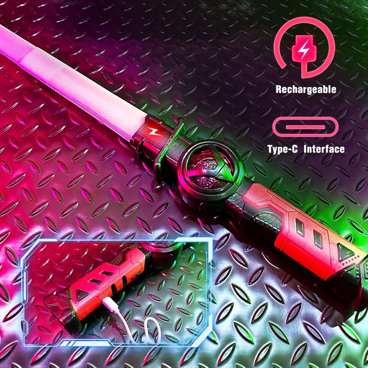 VATOS 2 Sables Luminosos Recargables para Niños, 15 Colores Variables con Efectos de Sonido de Combate, Juguete de Sable Luminoso LED Retráctil 2 en 1 para Cosplay, Fiestas en Samurai