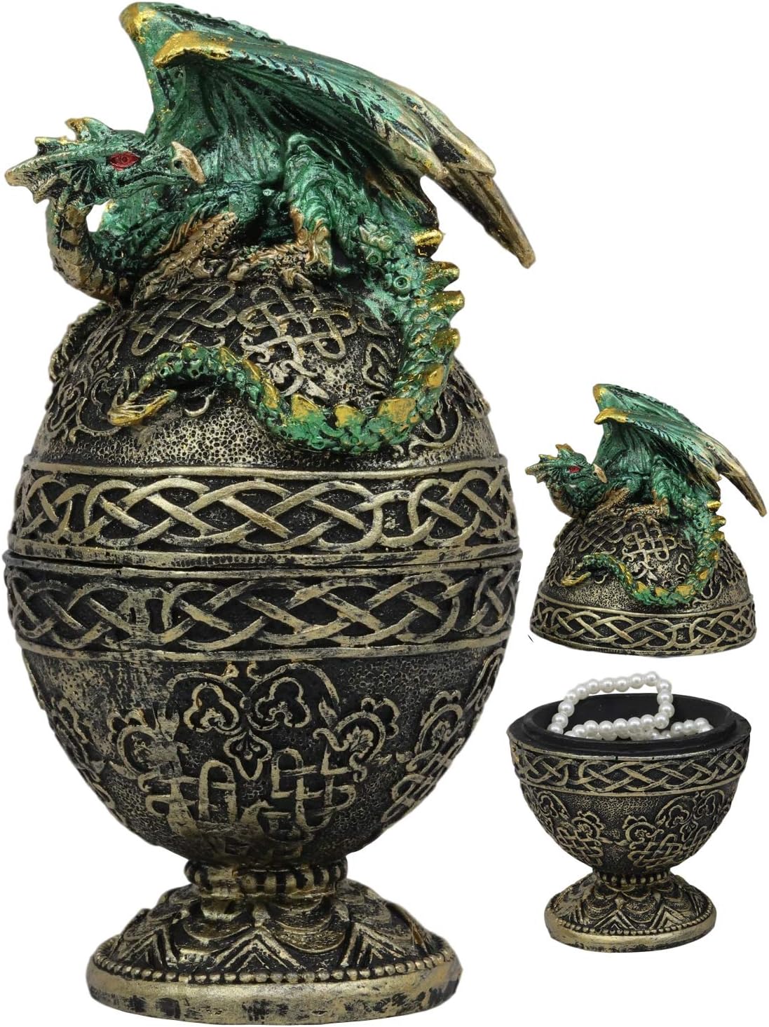 Ebros Gift Green Dragon Perching On Celtic Knotwork Tattoo Relic Golden Egg Decorative Jewelry Box Figurine 6.25" High Fantasy Myths Legends Dungeons And Dragons Statue