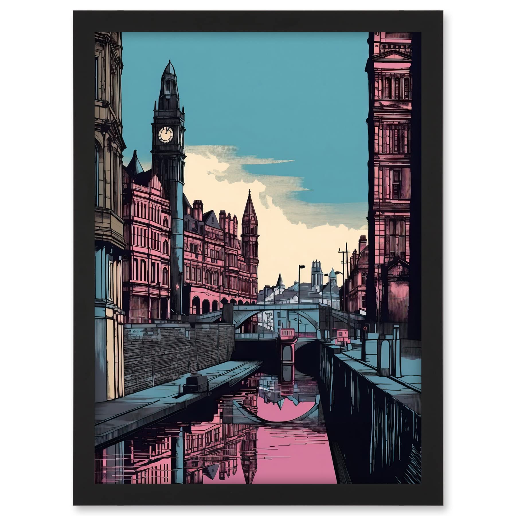 Artery8 Leeds Canal Cityscape Pink and Teal Illustration Artwork Framed A3 Wall Art Print