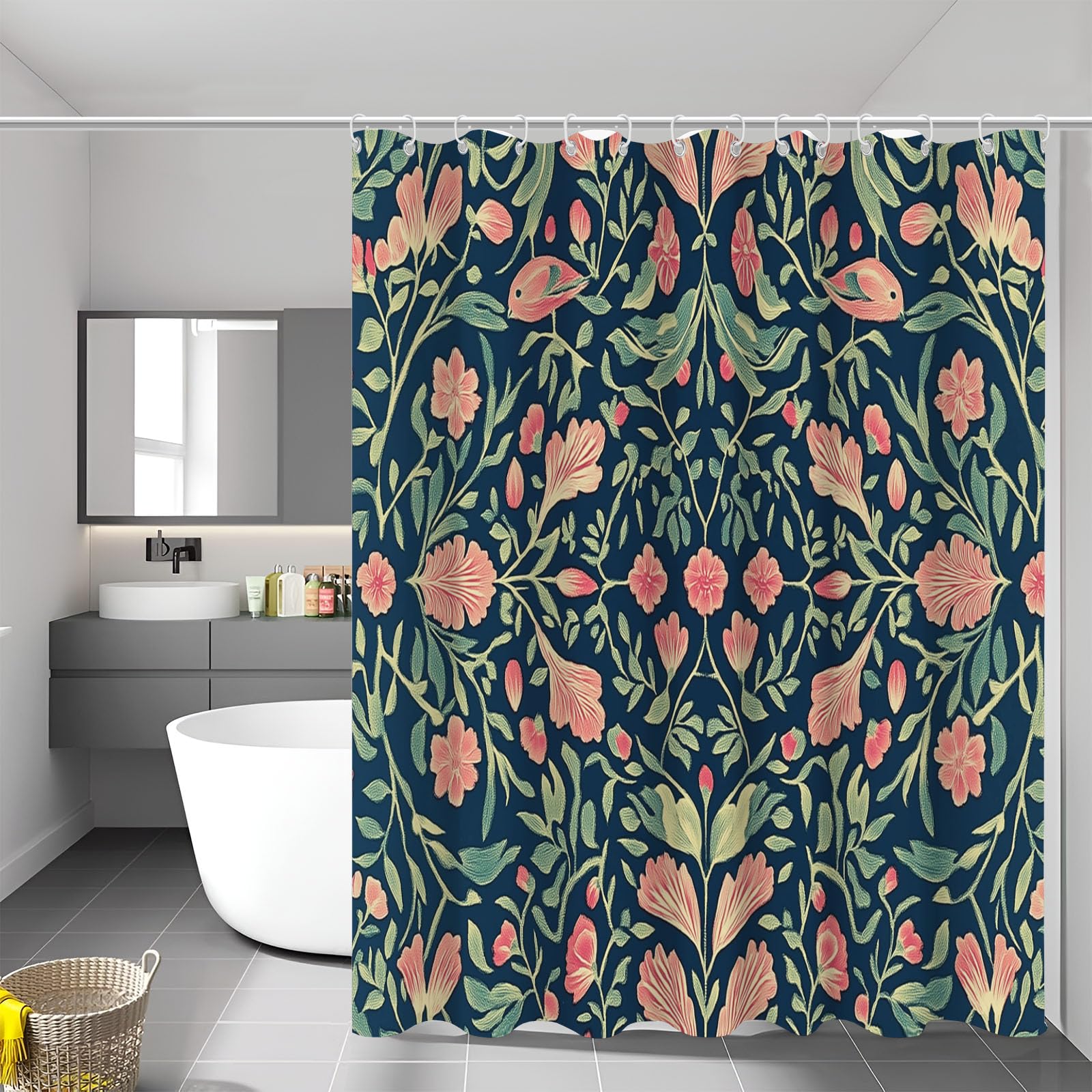 Rideau de douche fleurs rouges oiseaux pour créer une ambiance spa et nature à la maison