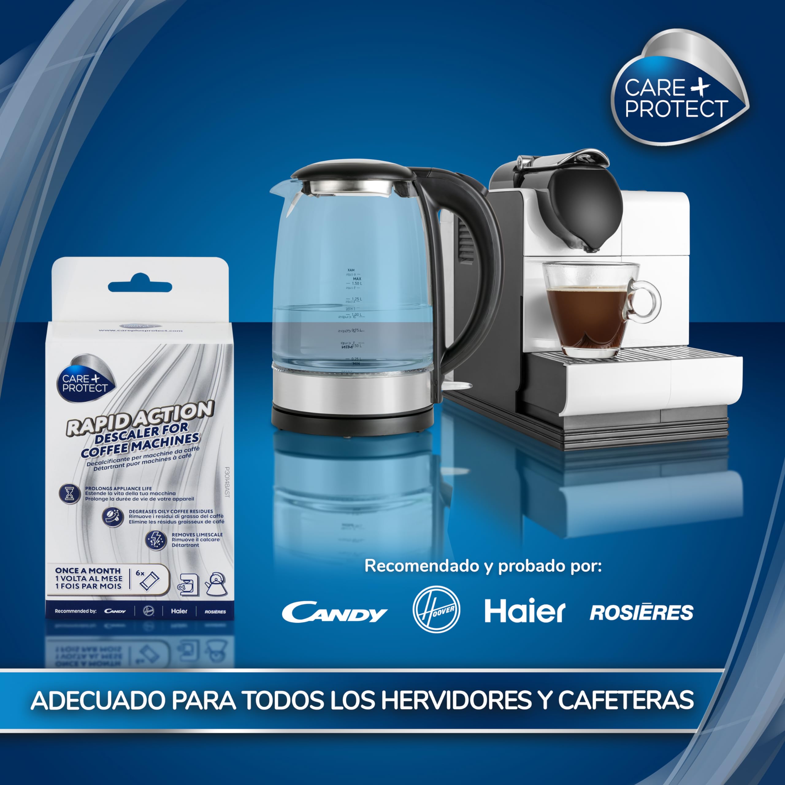 CARE + PROTECT Limpiador de cafeteras y hervidores Descalcificador, Universal, Elimina la cal y los residuos de café y té, 6 sobres para 6 meses