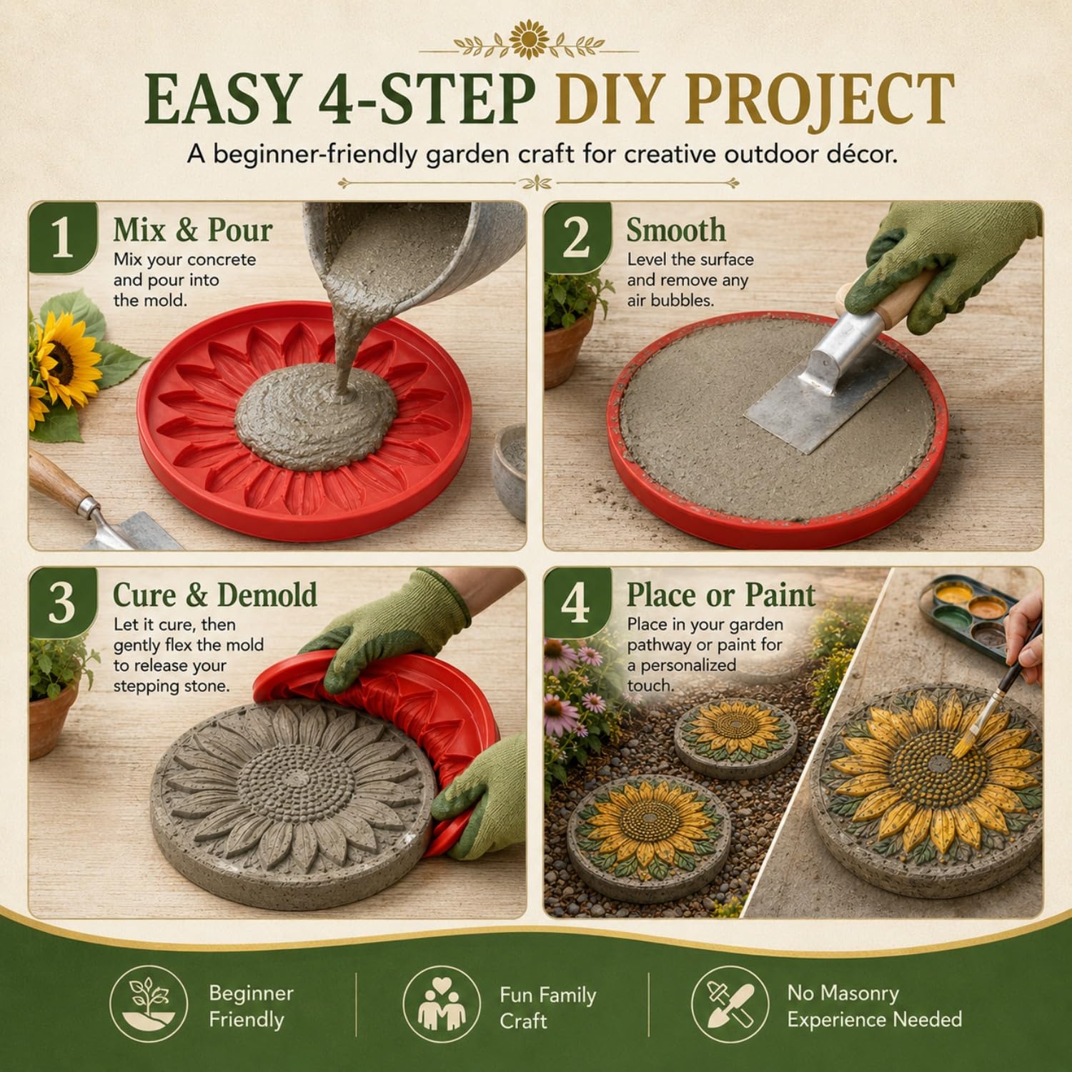 Reusable Sunflower Stepping Stone Mold, Round Stepping Stone Molds (5 MIX)