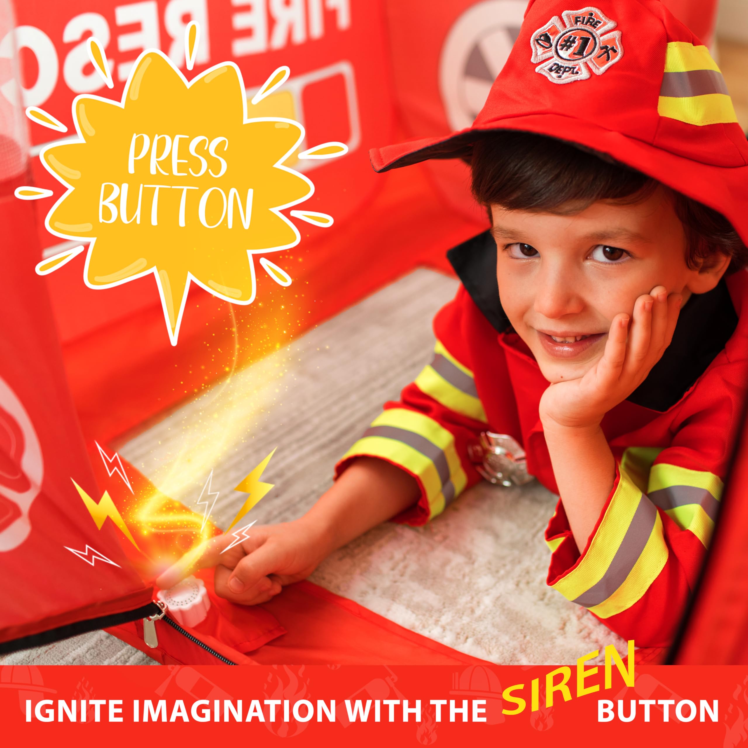 W&O Fire Truck Play Tent with Siren Button, Firefighter Hat & Jacket – Ultimate Firefighter Pop-Up Tent for Toddlers & Kids