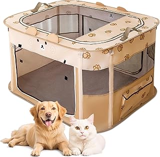 ALLSOPETS Cat Playpen for Dog, Foldable Pet Play Pen for Indoor Outdoor Use, Portable Dog Cat Crate Tent for Puppies Kittens, Pop-Up Pet Cage for Travel Camping (Brown Bear, M)