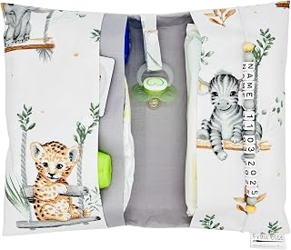 Generisch Frau Else Personalisierte Windeltasche mit Name und Datum für unterwegs, Tierbaby-Design Weiß Hellgrau, Große Wickeltasche für bis zu 4 Windeln + Feuchttücher, Wickelorganiser