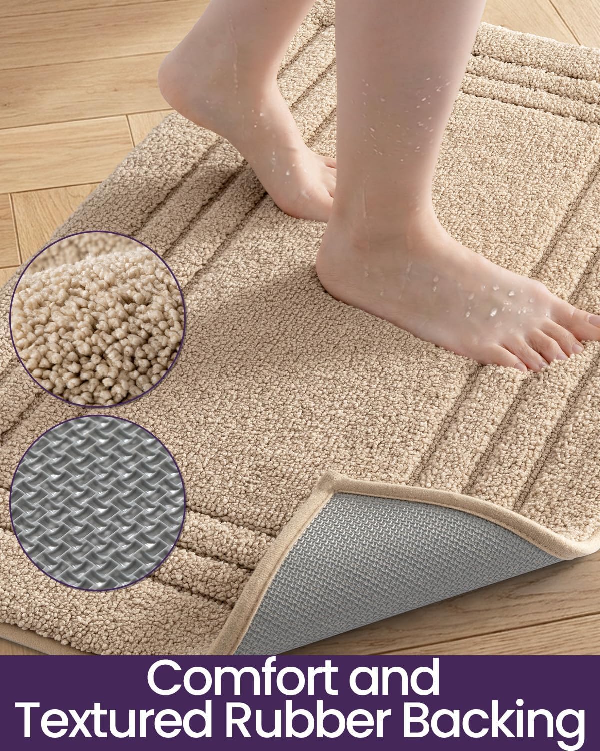 DEXI Bath Mats Bathroom Rug, 24x16 Non Slip Bathroom Rugs Washable, Absorbent Bathmat Quick Dry for Shower Floor Sink, Beige - Image 6