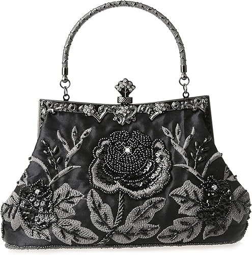 Vista 12 de Bolso de mano de estilo vintage con cuentas florales y strass para mujer, con bordado de lentejuelas, bandolera para novia, boda, fiesta