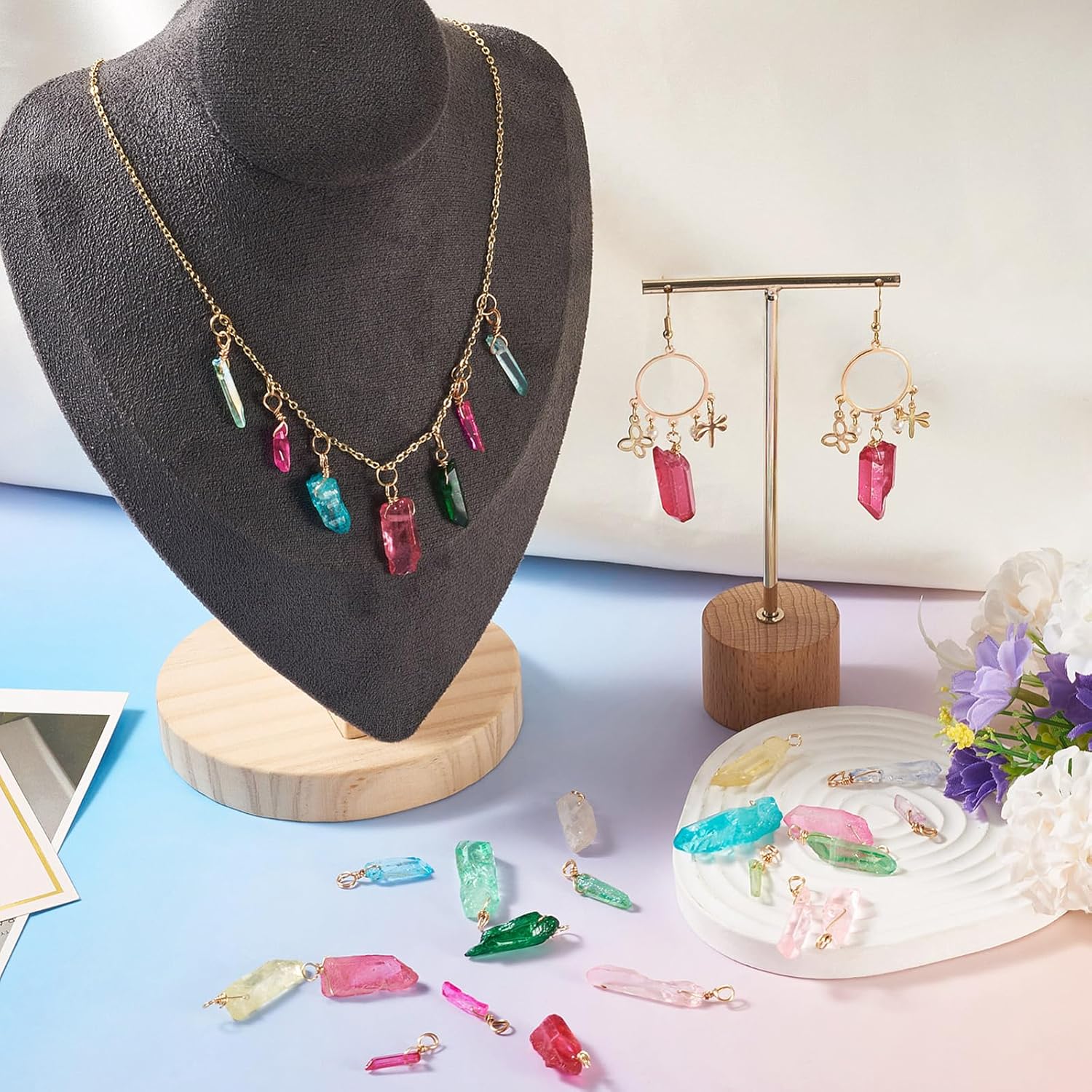 FASHEWELRY 20Pcs Natural Dyed Quartz Pendants Assorted Stone Charms with Copper Wire Crystal Healing Gemstone Charms for Jewelry Making Necklace Earring DIY Craft - Image 2