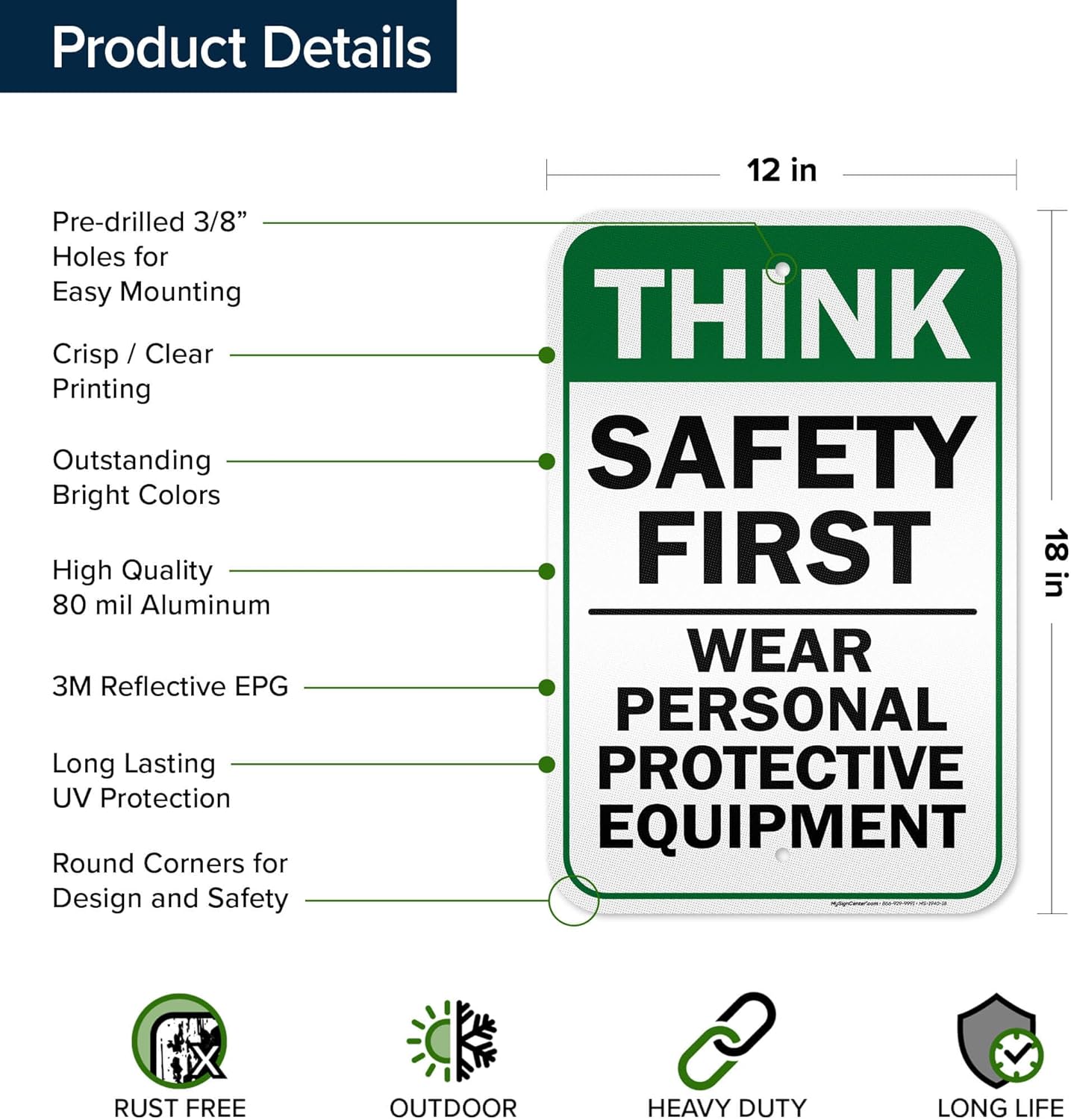 Think Safety First Wear Personal Protective Equipment Sign, 12"x18" Aluminum Reflective, Indoor/Outdoor Use, USA MADE By My Sign Center