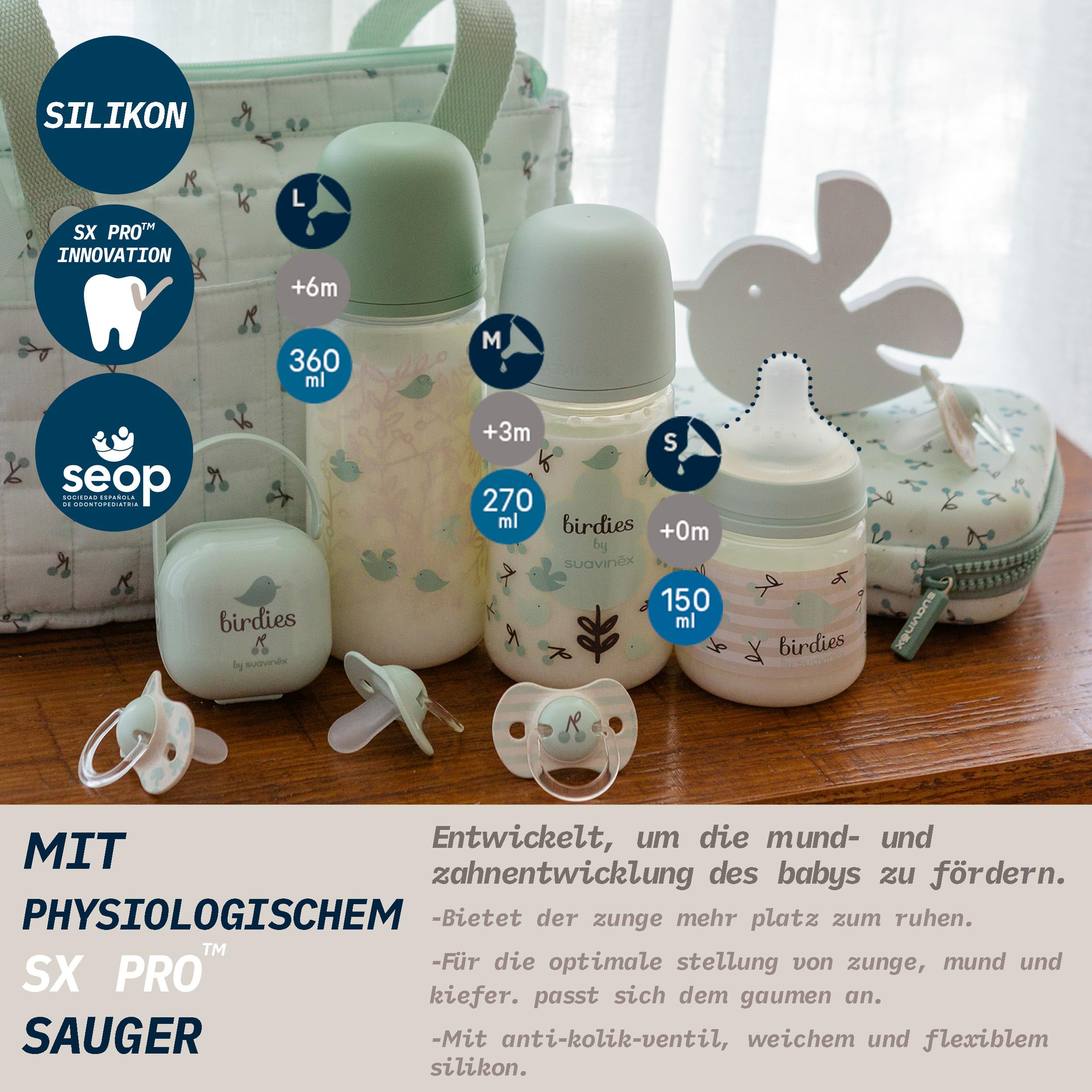 Suavinex, Babyflaschen-Set für Neugeborene, Geschenkset mit: 2 Flaschen 270 ml + 2 Flaschen 150 ml + Schnuller für 0 bis 6 Monate, physiologische SX Pro Silikon-Sauger, 5-tlg., +0M, Birdies Grün